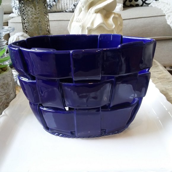 FARMHOUSE Woven COBALT Blue BASKET Weave VASE - Picture 1 of 2